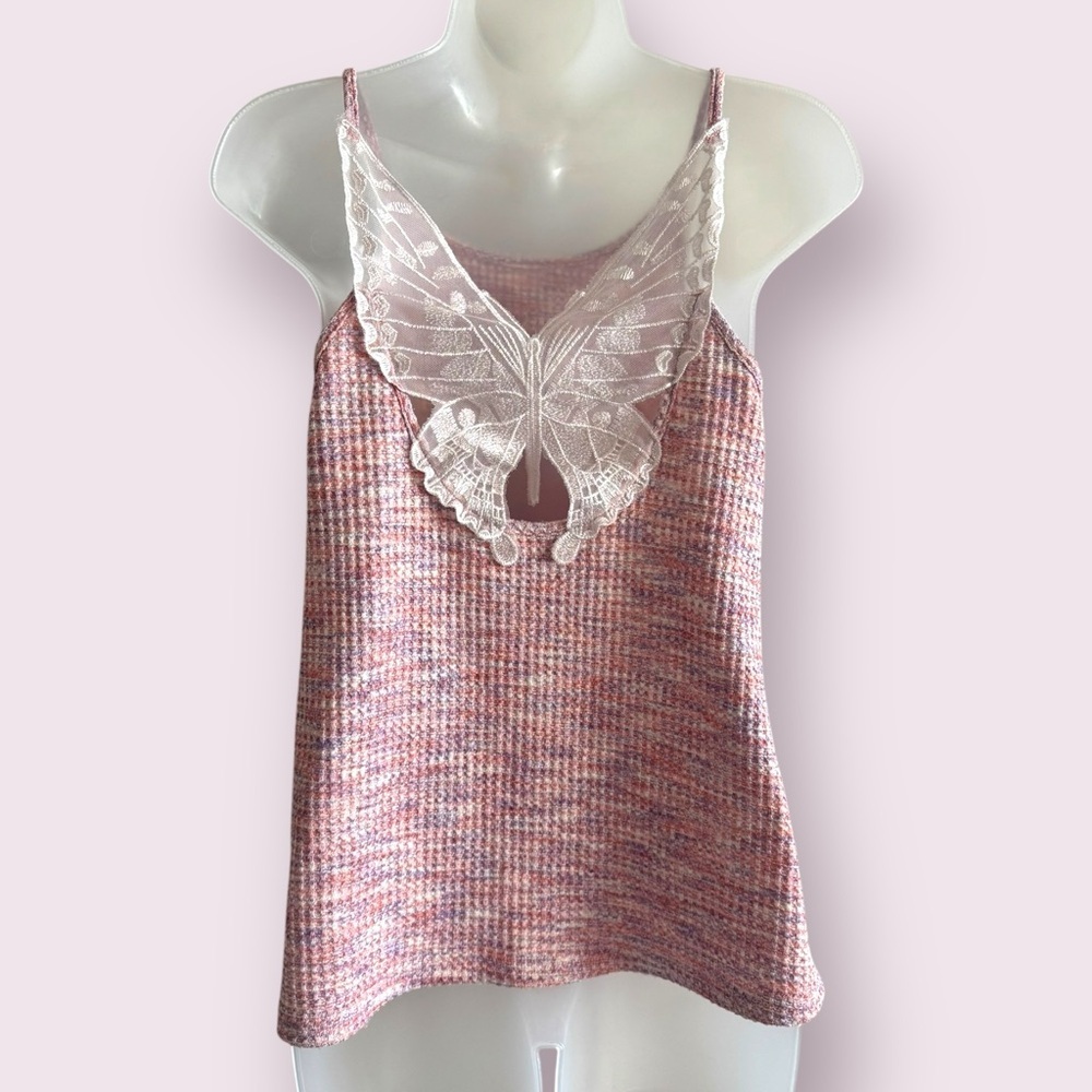 SHEIN Pink Butterfly Lace Back Tank Top Textured Knit Size L